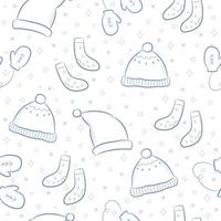 Seamless pattern with winter accessories. Blue background with cute hats, mittens and socks. Vector illustration