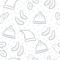 Seamless pattern with winter accessories. Blue background with cute hats, mittens and socks. Vector illustration