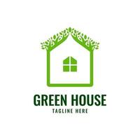 Eco Green House Vector Logo Template with Twigs and Leaves Ornament on the Roof