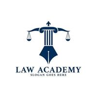 Law Academy Logo Template with Combination of Pillar, Scale, and Pen Vector Icon