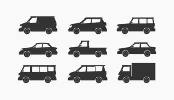 conjunto de iconos de tipo de coche. ilustración vectorial negra aislada en un fondo blanco vector