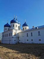 Male monastery in Veliky Novgorod attractions. Old building. Architecture.Blue dome. photo