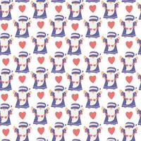 Seamless pattern with gnomes with hearts garland on white. Great for fabrics, Valentine's day wrapping papers. vector