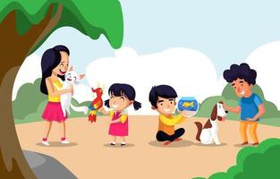 People Play with Their Pets in Backyard vector