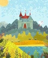 fabuloso paisaje con un castillo y un pegaso vector