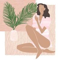 mujer joven de verano sentada junto a un jarrón que contiene hojas de palma vector