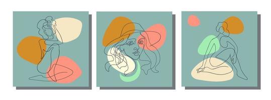 Set with collage modern poster with abstract shapes and one line illustrations of women body vector