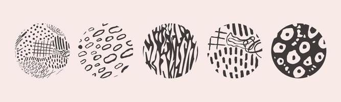 Vector hand drawn set with round isolated abstract black patterns or backgrounds. Various doodle shapes for highlight covers, posters, social media Icons templates