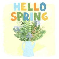 Bouquet in a teapot and hand drawn lettering Hello spring vector