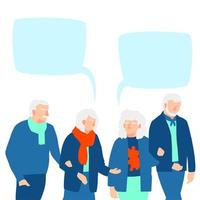 Old people walking and talk isolated on white background. Speech bubbles vector