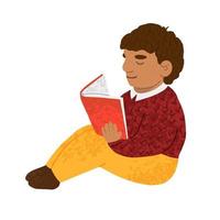 un niño pequeño y lindo lee un libro aislado en blanco vector