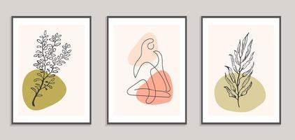 Set with collage modern poster with abstract shapes and one line illustrations of women body vector