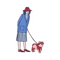 old woman walking with dog vector