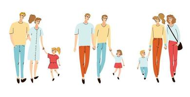 Colorful set with illustrations of young families walking vector