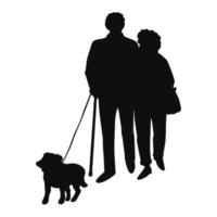 feliz pareja de personas mayores caminando con perro vector
