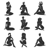 Vector set with black and white illustrations of silhouette woman body