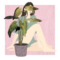 Young summer woman sitting behind a potted house plant vector