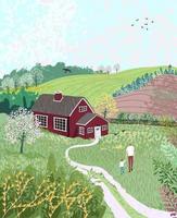 Nature landscape with a house and blooming gardens vector