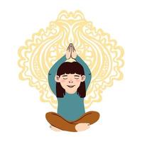 Vector colorful illustration of little girl doing yoga isolated on white background