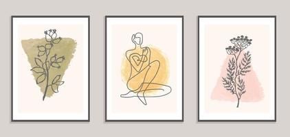 Set with collage modern poster with abstract shapes and one line illustrations of women body vector