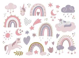 nursery set of hand drawn elements, doodles, clip art, stickers. Isolated unicorns, rainbows, clouds, stars, etc are good for prints, cards, posters, kids apparel, sublimation design. EPS 10 vector