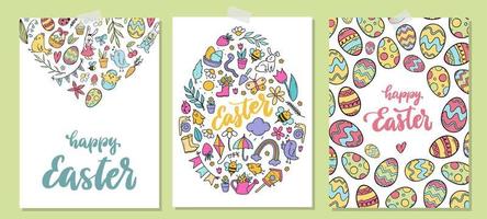 set of easter greeting cards and posters decorated with hand drawn doodles and lettering quotes. Good for invitations, prints, templates, etc. EPS 10 vector