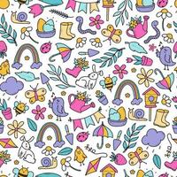 Spring seamless pattern with doodles on white background. Good for Easter decor, wrapping paper, scrapbooking, kids textile, wallpaper, etc. EPS 10 vector