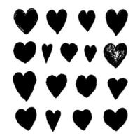 Set with black illustrations of heart shape drawn with chalk pastels isolated on white background. vector