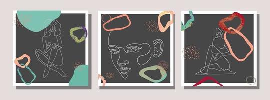 Set with collage modern poster with abstract shapes and one line illustrations of women body vector
