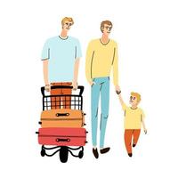 ilustración de familia con niño caminando con equipaje en carro vector