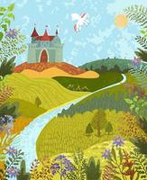 Fabulous landscape with a castle and a pegasus vector