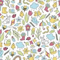 Spring seamless pattern with doodles on white background. Good for Easter decor, wrapping paper, scrapbooking, kids textile, wallpaper, etc. EPS 10 vector