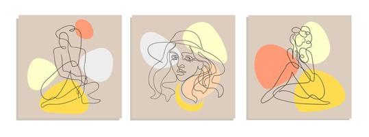 Set with collage modern poster with abstract shapes and one line illustrations of women body vector