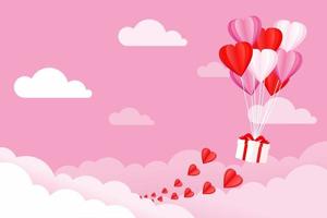 Valentine's day, love background concept. Illustration of heart balloons and gift box floating in the sky with clouds. Vector illustration