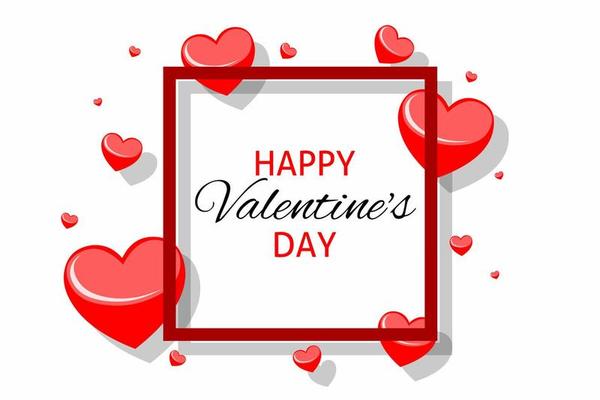 Happy Valentine's Day. Valentine background with red heart balloons and square frame. Greeting cards, banner, poster. Vector illustration