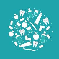 Oral care. Dental banner. Items for daily oral hygiene. Mouthwash and toothbrush with paste, apple, chewing gum, white healthy teeth. For poster design. Vector isolated flat icons on a blue background