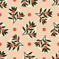 Berries and leaves seamless vector pattern. Botanical background with red berries and green leaves on beige.