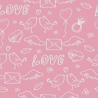 Valentines Day doodle seamless pattern. Romantic hand-drawn pink background. Ideal for wrapping paper, textiles, wallpaper, invitation cards, wedding design. Vector illustration.