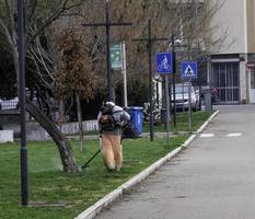 trabajadores que se dedican a cortar el césped con una desbrozadora en los parques municipales de la riviera de liguria en italia foto