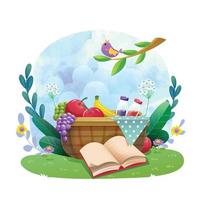Picnic Basket in Garden with Fruit and Juice vector