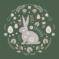 Folk Easter illustration with floral motifs, eggs and Easter bunny. vector