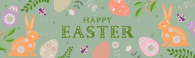 Happy Easter banner in folk style. Bunnies, Easter eggs and floral motives. vector