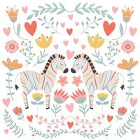 Cute zebras with colorful stripes, surrounded by flowers and hearts. Valentine's day concept, greeting card. vector