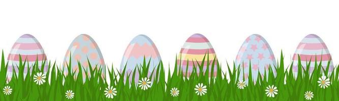 Easter eggs on a green meadow with daisies, banner vector