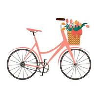 bicicleta de mujer rosa con una cesta de flores primaverales de tulipanes y un lazo.