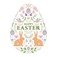 Happy Easter. Folk Easter egg with floral motifs, bunnies and birds. vector