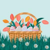 Basket with Easter eggs and spring tulips, on the grass with daisies. vector