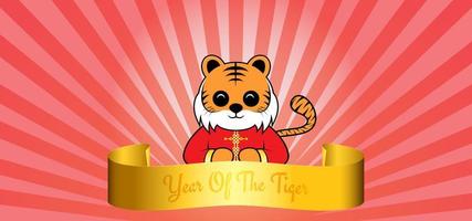 2022 Year of The Tiger. Happy Chinese New Year with tiger character and golden ribbon vector