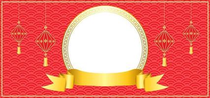 fondo de año nuevo chino con espacio en blanco para texto y marco de círculo. tema de fondo rojo y dorado con textura de patrón, cinta y linterna. ilustración vectorial vector