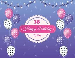 Happy birthday celebration background with realistic balloons, lights and badge vector illustration